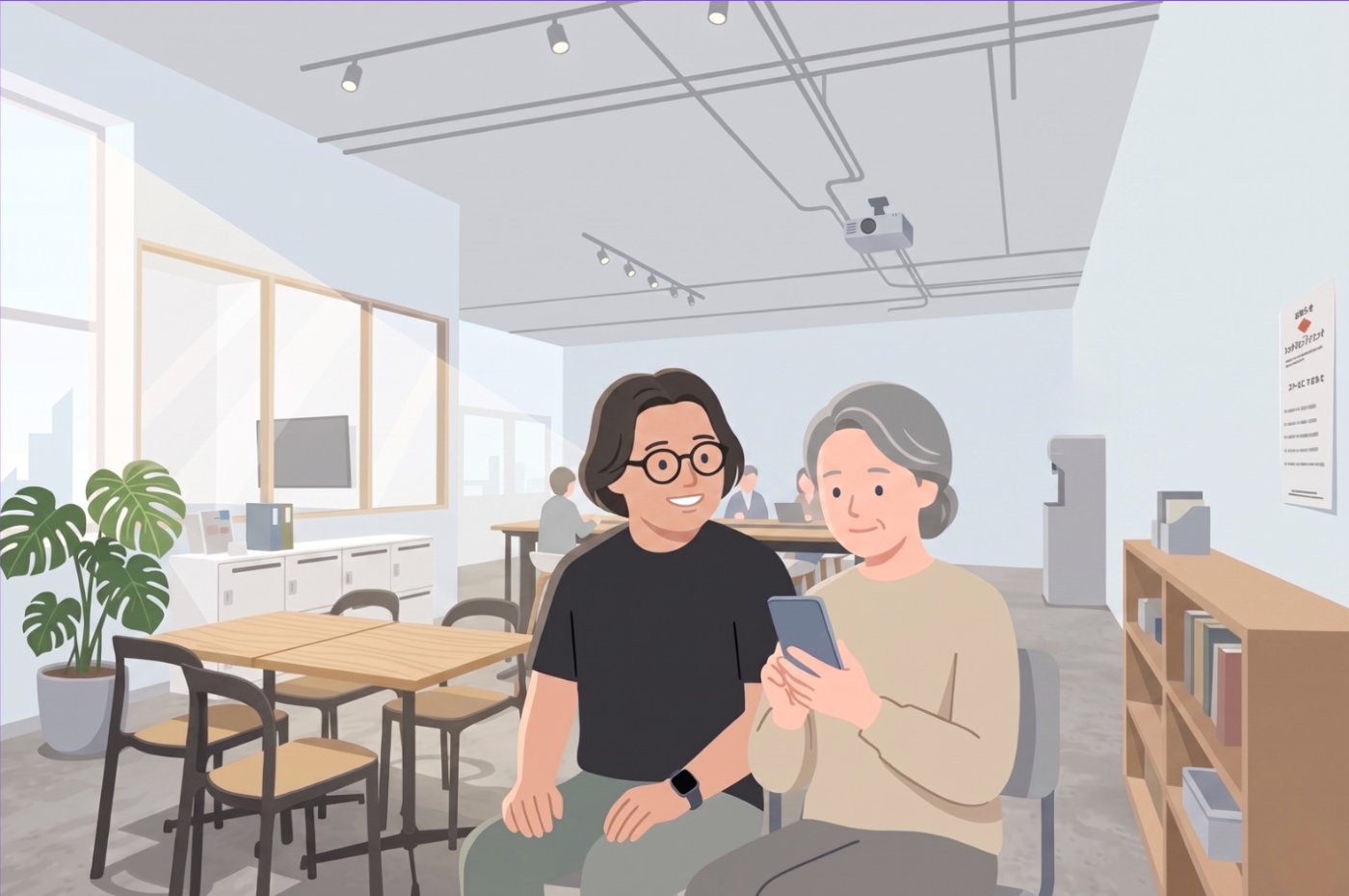 受講生とご自身のスマホを手にした講師が隣で説明しているイメージ