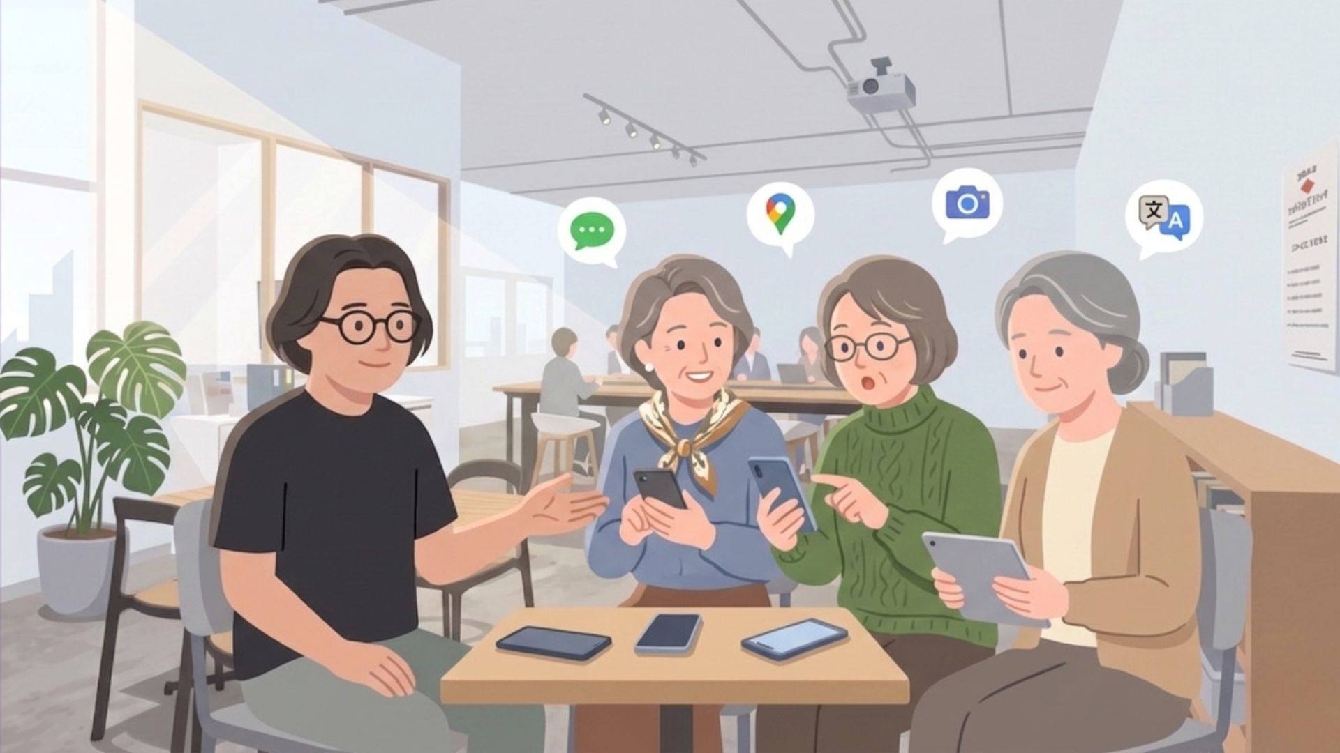 受講生4名がそれぞれのスマホを手に、講師と一緒に画面を見ながら操作を確認しているイメージ